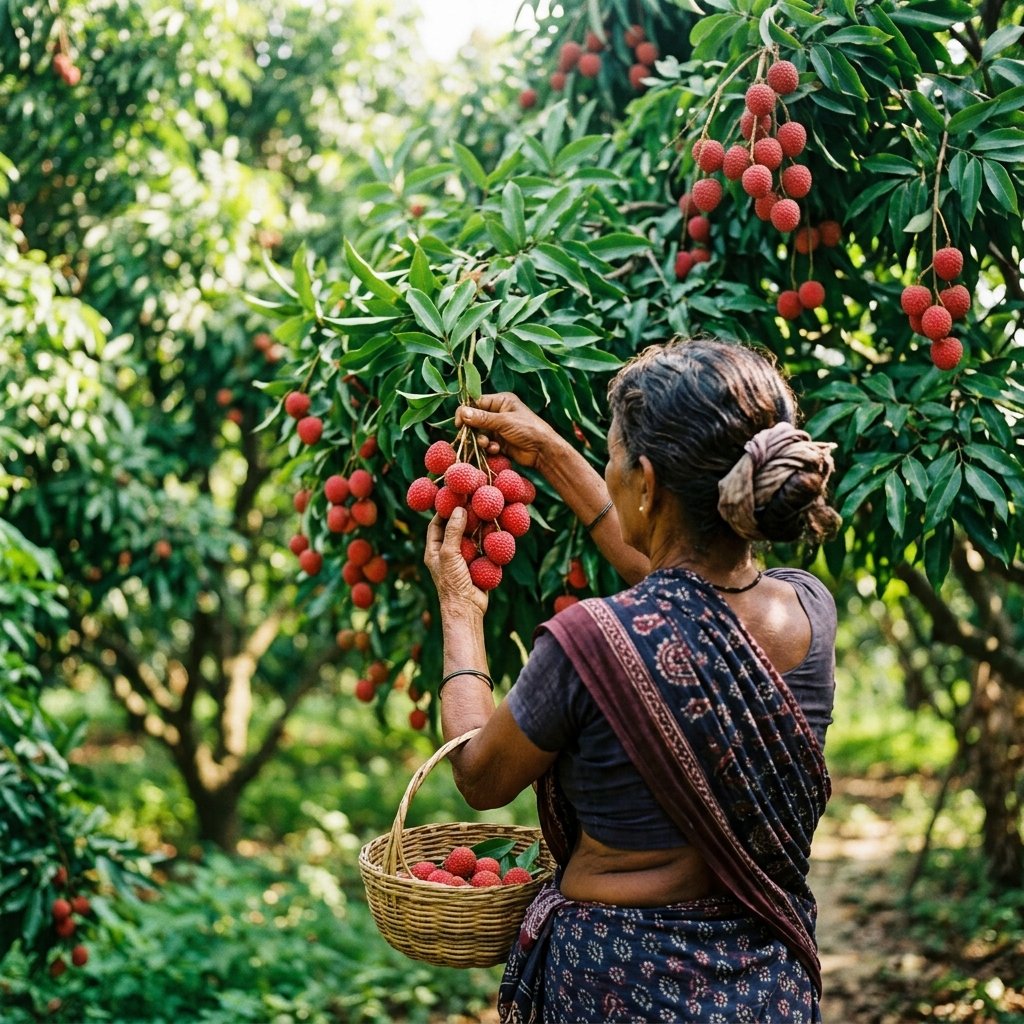 Hand-picking Shahi Litchis in the orchard